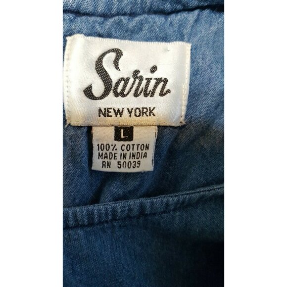 Vintage 80s Denim Chambray Dress L Beaded Vest Faded Tie Back Maxi Cottage Core - Picture 9 of 9